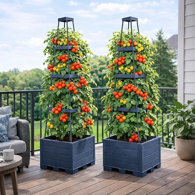 2 Pack Raised Garden Bed Tomato Planter Box with Trellis, 57" Self-Watering Tomato Cage Planters Box for Climbing Plants Vegetable Vine Flowers,Patio Garden Balcony Outdoor & Indoor (2 Pack)