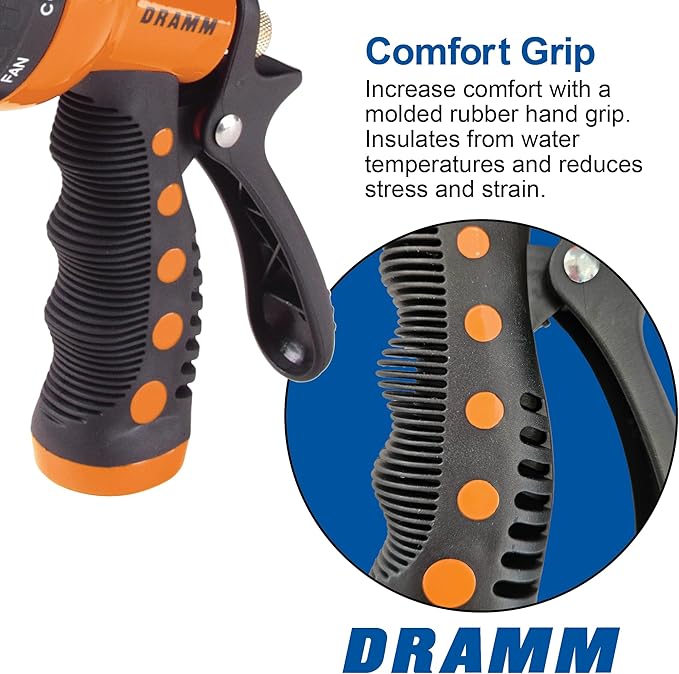 Dramm Revolver Heavy Duty Metal Garden Hose Nozzle – 9 Spray Patterns, High Pressure Jet, Thumb-Control Flow, Ergonomic Grip – Orange