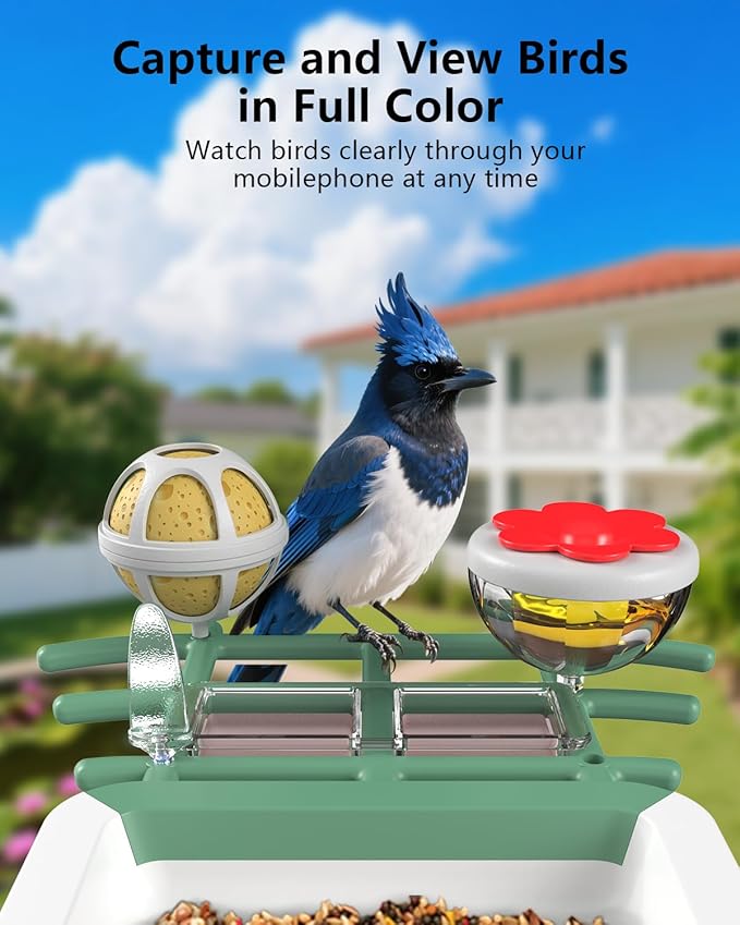 Bird Feeder with Camera, 2K Smart BirdCamera with Solar Powered, AI Identify Birds Species, Instant Arrival Alerts, 2.4Ghz WiFi Bird House for Outdoors, Ideal Gift for Family and Bird Lovers (Green)
