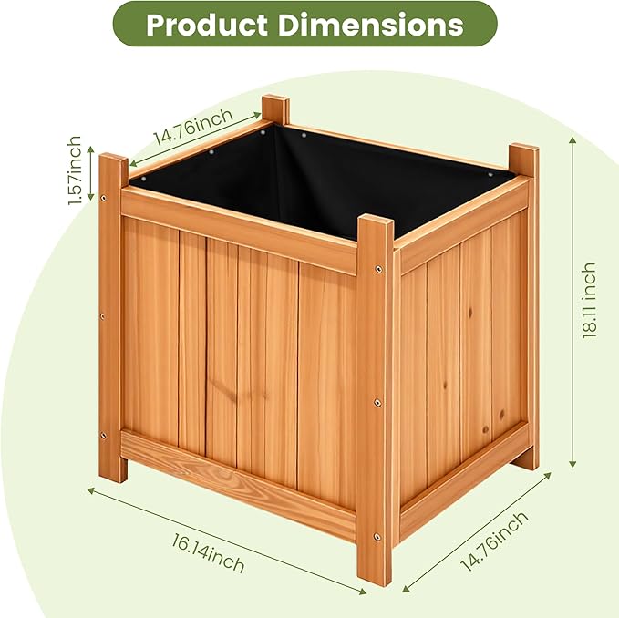 Set of 2 Fir Wood Square Planter Boxes, 18" Extra Large Outdoor Flower Box with Removable Drainage Base & Non-Woven Liner, Rustic Wooden Planters for Patio Garden Balcony, Wood Bucket Planter