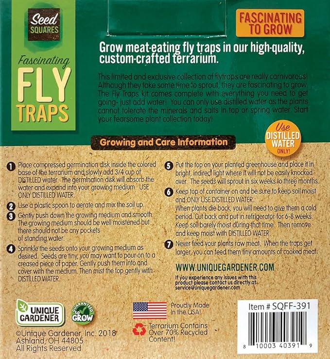 Unique Gardener Grow Your Own Venus Fly Trap, Complete Adults Square Terrarium Starter Kit to Plant Fascinating Man Eating Fly Traps, Includes All Supplies for Indoor Flytrap Terrariums