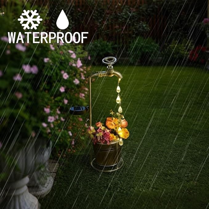 JIAJIAMEI Solar Water Faucet Bucket Lights Outdoor Garden Decor, Waterproof Vintage Decorations with LED Light for Yard Lawn Patio Pathway