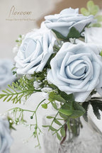 Floroom Artificial Flowers 25pcs Real Looking Powder Blue Foam Fake Roses with Stems for DIY Wedding Bouquets Bridal Shower Centerpieces Floral Arrangements Party Tables Home Decorations