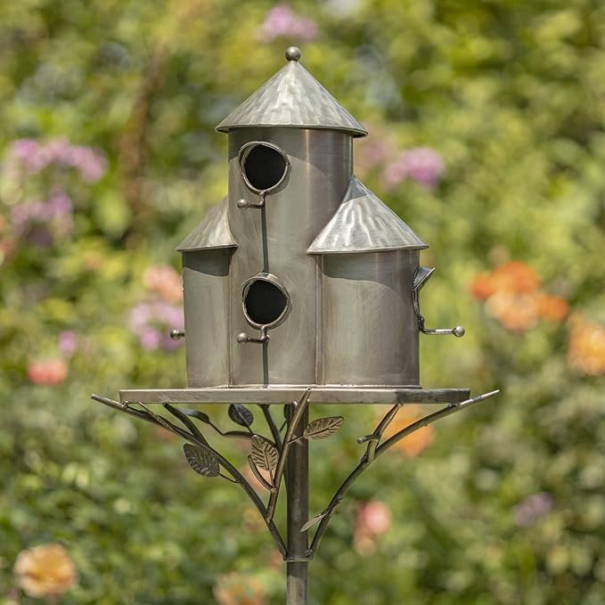 Zaer Ltd. Large Silver Colored Multi-Birdhouse Stakes, Room for 4 Bird Families in Each (Plump Triple Cylinder Homes (Silver Color))