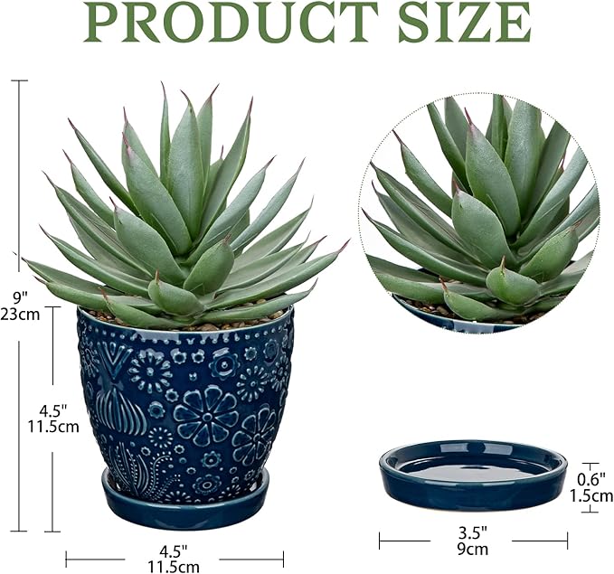 Briful Artificial Succulent Plant in Navy Blue Ceramic Planter with Saucer, Small Fake Agave Plant, Faux Plant Indoor for Desk, Bathroom, Shelf, Office, Farmhouse Home Decor, 9 Inch