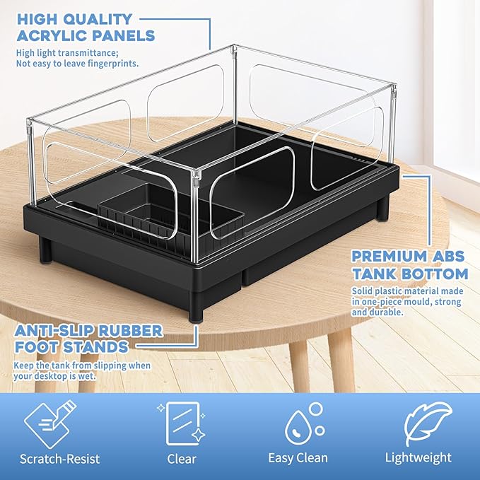 MoonOrange Small Turtle Tank Kit, Acrylic Turtle Tank Starter Kit with Basking Platform, Bottom Drainage, Multi-Function Areas for Turtles, Crabs, Crayfish, Small Reptiles (Black Kit)
