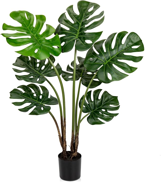 Hollyone Artificial Monstera Deliciosa Plant 3FT Tall Fake Tropical Palm Plants Trees Faux Monstera Indoor Swiss Cheese Plants for Indoor Outdoor Home Office Garden Living Room Decoration, 1 Pack