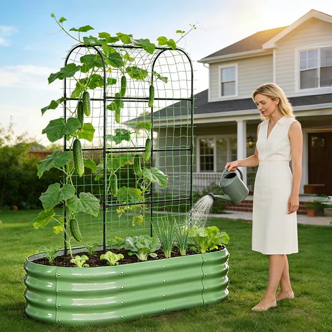 2 in 1 Galvanized Raised Garden Bed with 71" H Arch Trellis for Climbing Plants, Outdoor Gardening Planter Box with Climbing Net for Flowers Vegetables Fruits Herbs, Green
