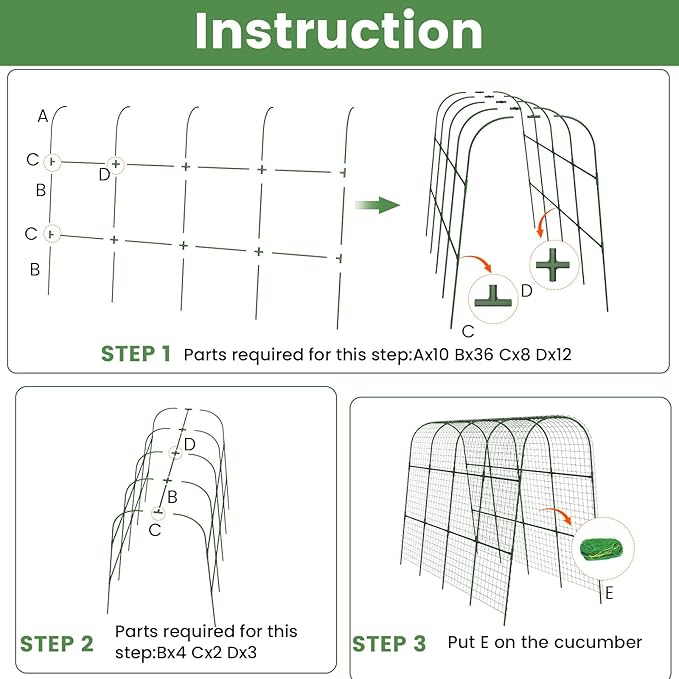 Cucumber Trellis, Metal Garden Arch Trellis for Raised Bed, 63 x 48inch U-Shape Garden Trellis for Climbing Plants Outdoor, Vegetables Fruit Plant Support with Netting, Gardening Supplies (Green)