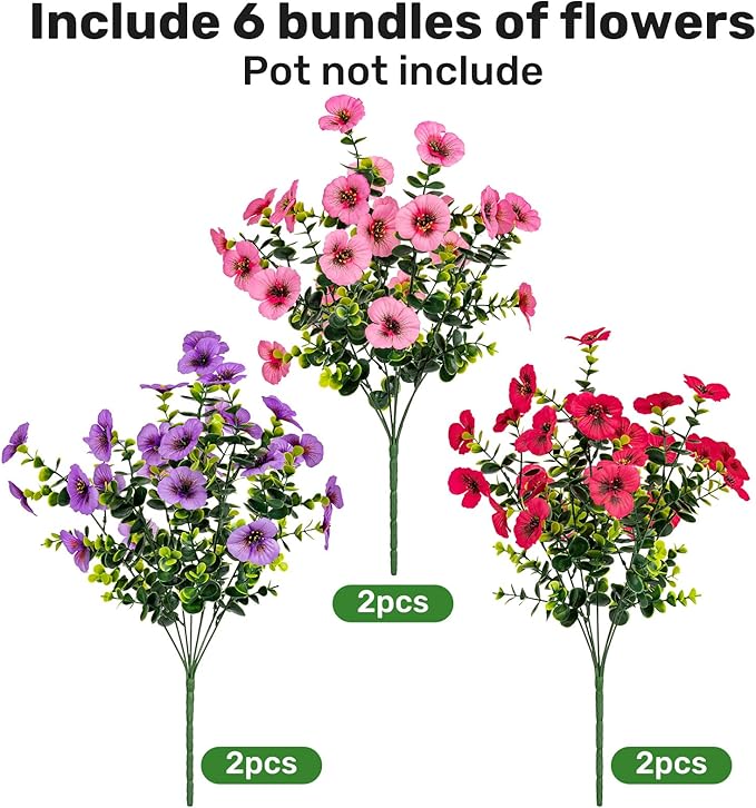 17 Inch Artificial Faux Pansy Flowers for Outdoor,Fake Pansies Flowers with Eucalyptus Leaves Fake Plants Greenery Boxwood Porch Patio Decor 6 Bundles(Light Purple,Pink,Dark Rose)