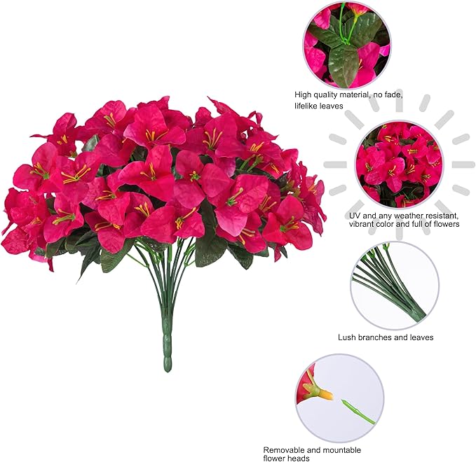 Fake Bougainvillea Artificial Flowers for Outdoors Spring Decor, 4 Bundles Outdoor Bougainvillea Silk Flowers for Outside Faux Plants UV Resistant Realistic for Planter Patio Porch Garden, Hotpink