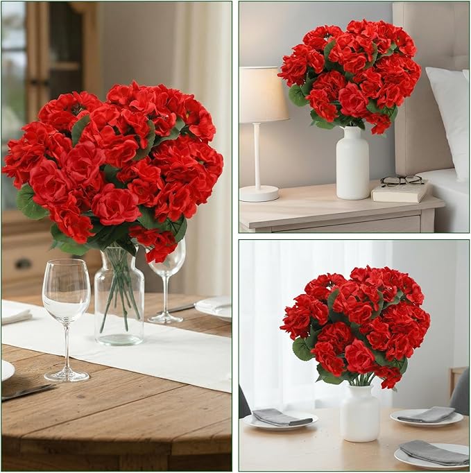 7Pcs Geranium Artificial Flowers for Outdoors Decoration Geranium Silk Flowers Outsides UV Resistant Garden Plants Faux Flower for Front Door Garden Porch Planter Patio Balcony Yard Indoor Home (Red)