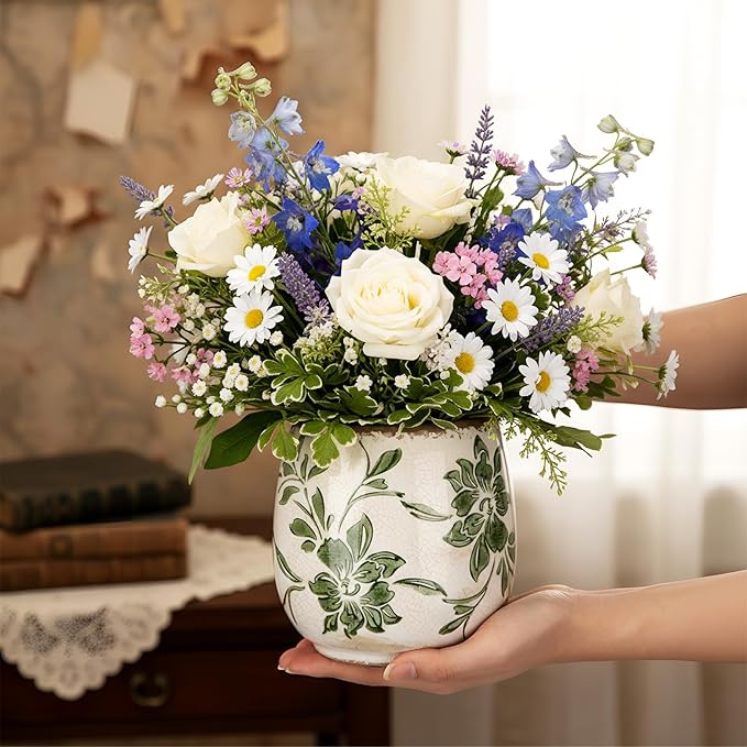 SiliFine Vintage Ceramic Flower Pot with Ice Crackle Rustic Planter with Drainage Holes for Indoor and Outdoor Decor Home Living Room Garden Decor Gardening Gift(Rustic Style)