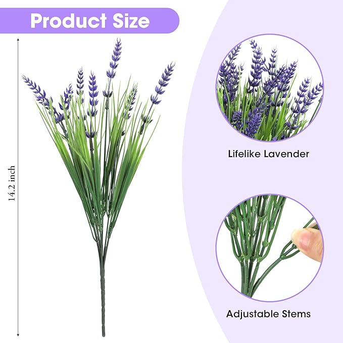Bassion Artificial Flowers for Outdoors, 24 Bundles Fake Lavender Flowers UV Resistant Violet Plastic Plants Faux Monkey Grass for Home Porch Garden Window Box Indoor Outdoor Decorations