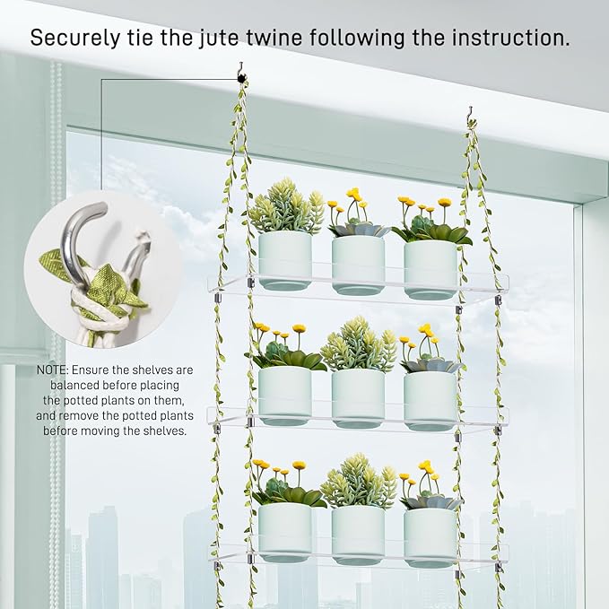 Sumerflos Acrylic Window Boxes Plant Shelves 3 Tier - Clear Hanging Shelf Indoor Jute Twine Adjustable Plant Holder for Window Wall Living Room Balcony Natural