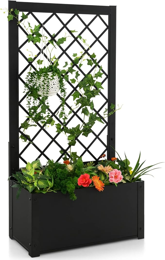 HAPPYGRILL Raised Garden Bed with Trellis, 44” Metal Elevated Garden Box for Climbing Plants Vine, Outdoor Planter Box for Yard, Garden, Balcony