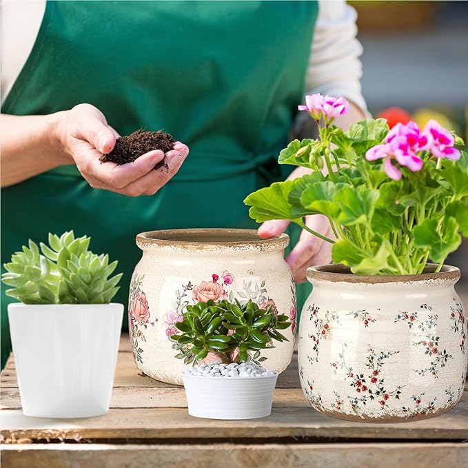 2 Pcs Vintage Planter Ceramic Plants Pot with Drainage Ice Crack Scroll Flower Vase Pot for Indoor Outdoor Plants Home Kitchen Decor Gifts(Farmhouse Rose,5.9")