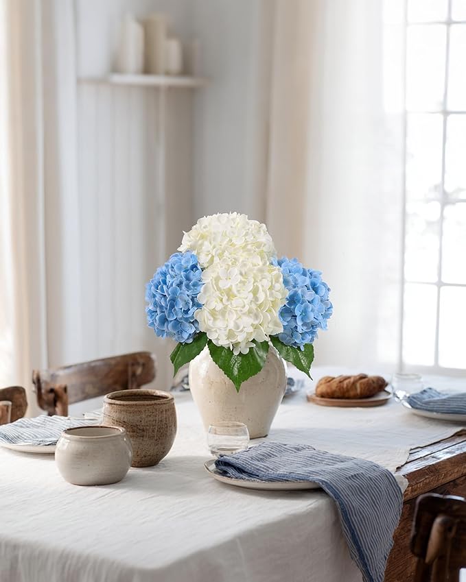 DuHouse 4Pcs Large Hydrangea Artificial Flowers,20 inch Latex Real Touch Hydrangeas for Home Wedding Bouquets Centerpieces Party Living Room Decoration(2Pcs Blue+2Pcs White)