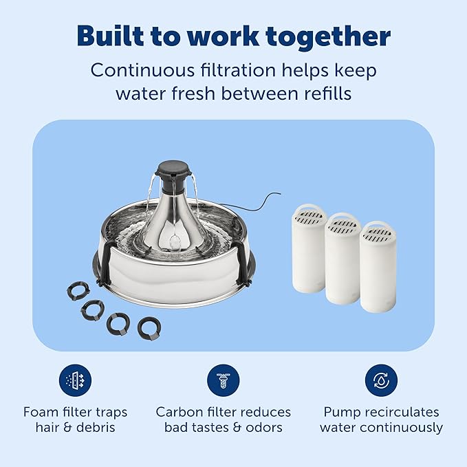 PetSafe Stainless Multi-Pet Fountain with Carbon Filters Great for Multiple Pet Households Customizable Stream Options Scratch and Rust Resistant 128 Oz Water Capacity Fresh, Filtered Water