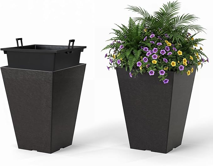 Giantex Square Taper Planter Set of 2, 10"x10"x14" Self-Watering Flower Pots with/Removable Inner Bucket & Drainage Holes, Indoor Outdoor Decorative Plant Container for Porch Balcony, Black