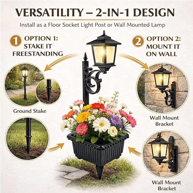 2-in-1 Solar Post Light with Planter for Real Or Fake Flowers, 2026 New Solar Lamp Post - Wall Mount Or Freestanding, 3000K Solar Lamps Outdoor Waterproof, for Lawn, Patio, Front/Back Door