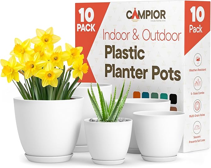 Campior Plastic Plant Pots with Drainage - Home Decor Flower Pot, Stackable Design for Indoor & Outdoor Use, Lightweight and Sturdy, Space-Saving, (7”, 6.6”, 6”, 5.3”, 4.8” Inches), Pack of 10, White
