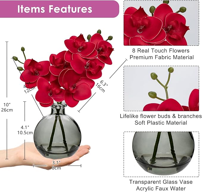 Oairse Red Orchids Artificial Flowers Faux Orchid Arrangement with Clear Glass Vase Set of 2 Real Touch Phalaenopsis Orchid Flowers Orchid Centerpiece for Dining Room Table