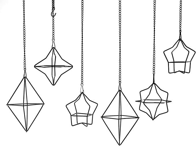 Geometric Air Plant Hanger 6 Pack Black Metal, 3 Shapes & 2 Sizes with Detachable Chains, Modern Himmeli Wall Hanging Planter for Tillandsia Indoor Home Decor