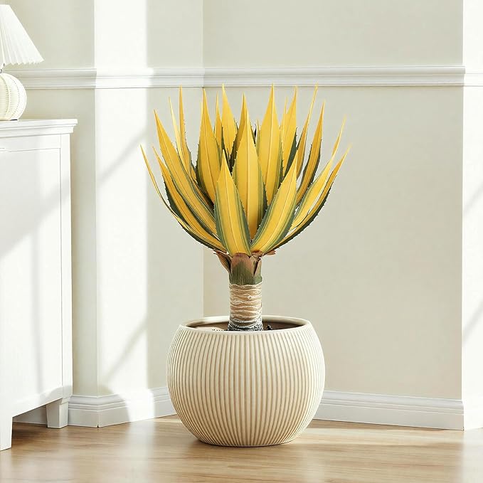 Artificial Green Edged Gold Leaf Spiny Agave Plant with 23 Leaves, 23.62in Faux Agave for Indoor & Outdoor Home Decor Perfect for Porch Living Room Bedroom Patio & Office