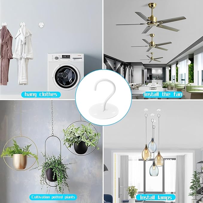 Ceiling Hooks for Hanging Plants-Metal Heavy Duty Wall Mounted Hangers for Hanging Bird Feeders, Planters, Wind Chimes, Include Professional Drywall Anchors(3-Pack) (White)