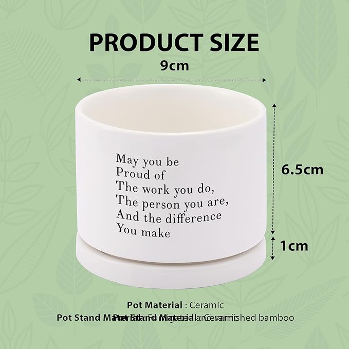 May You Be Proud of The Work You Do Inspirational Gift Ceramic Succulent Plant Pot with Tray Coworker Leaving Motivational Gifts Home Decor Plant Lover 3.5 Inch White (No Plants) (with Ceramic Tray)
