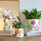 GUGUGO 8 Inch Pastel Lines Planters, Cute Unique Rainbow Planter with Drainage, Vintage Retro Eclectic Flower Plant pots for Indoor Plants and Succulent,Funny Boho Modern Home Décor
