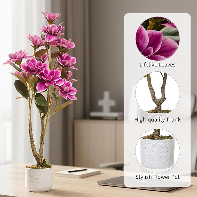 37" Artificial Magnolia Tree 2 Pack, Artificial Realistic Magnolia Grandiflora with White Planter and 12 Lifelike Flowers, 3.1FT Fake Potted Flower Plant for Home Office Decor, Pink