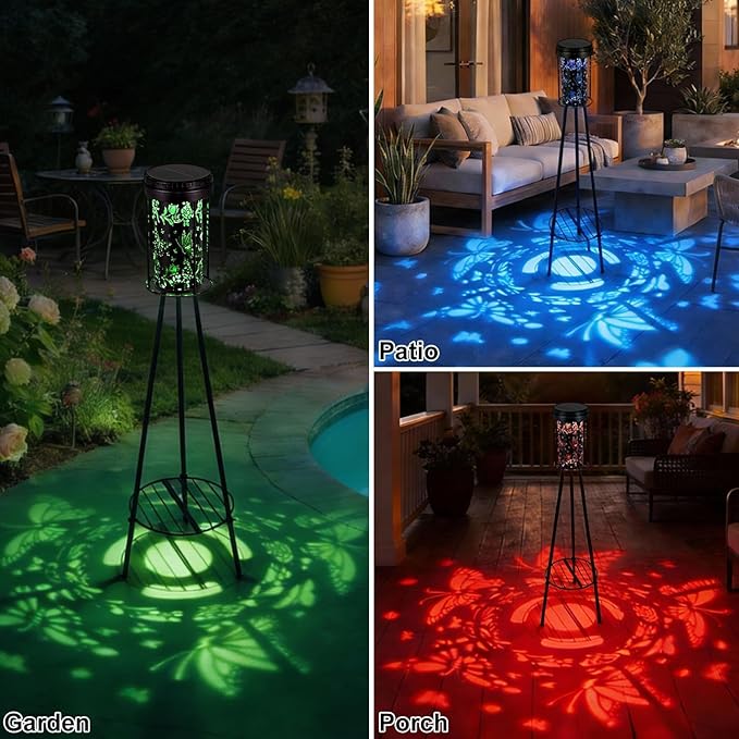 Solar Floor Lamps Outdoor RGB Butterfly Projection Metal Cordless Floor Lamp with Plant Stand,42.48 Inch Waterproof Decorative Garden,Patio,Porch,Yard,Path,Black,2 Pack