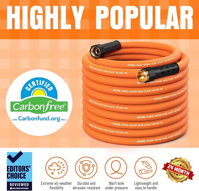 Garden Hose 75 ft x 5/8", NON-EXPANDING Flexible Water Hose, Kink Resistant Lightweight Hybrid Hose, Leakproof Yard Hose with Male to Female Fittings