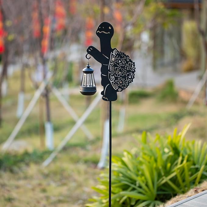 Solar Tortoise Garden Stakes Outdoor Unique Gift Ideas Decor Metal Tortoise Holding Solar Lantern Decorative Outdoor Stakes for Patio, Lawn, Yard and Pathway