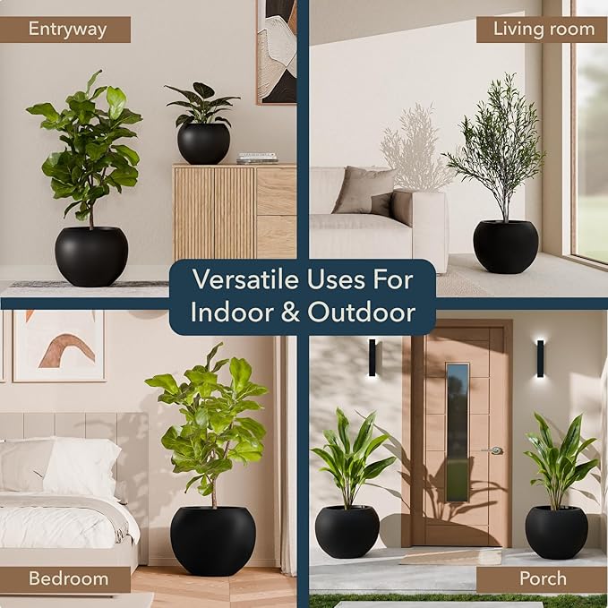 16" H x 20" D Premium Globo Fiberstone Round Planter with Drainage Hole, Smooth Finishes, Weather Resistant for Indoor and Outdoor Use, Included 2 Extra Coco Mats (Black, 13.5" Pot Opening)