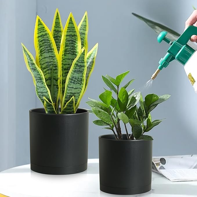 8/7/6 inch Plant Pots, 3 Set Cylinder Flower Pots for Outdoor Indoor Plants, Decorative Plastic Planters with Drainage Holes and Saucers for Garden House Plants, Black
