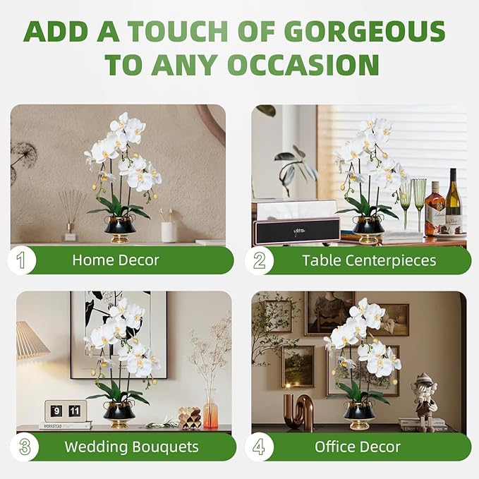 CXGS Orchids Artificial Flowers Realistic Fake Flowers in Ceramic Vase 20" White Faux Plants Indoor Lifelike Soft PU Phalaenopsis for Centerpiece Hotel Home Decor