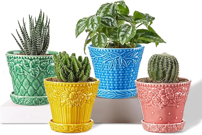 Metahom Succulent Ceramic Pots, 3.8 Inch Small Plant Pots with Drainage Hole & Saucer, Flower Planter Pot for House Plants Cacti, Home Decor, Set of 4, Assorted Colors