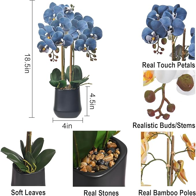 Orchids Artificial Plant in Ceramic Pot 18.5" Faux Orchid Phalaenopsis Flowers Arrangement for Home Office Table Centerpiece Indoor Decor, Dusty Blue