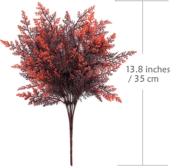 Artificial Fern Plants, Fake Shrubs Faux Boston Grass Plastic Leaves Greenery Bushes Home Garden Kitchen Party Decor Outdoor Indoor Office Yard Verandah Planter Filler DIY Decoration Red 4 Pack