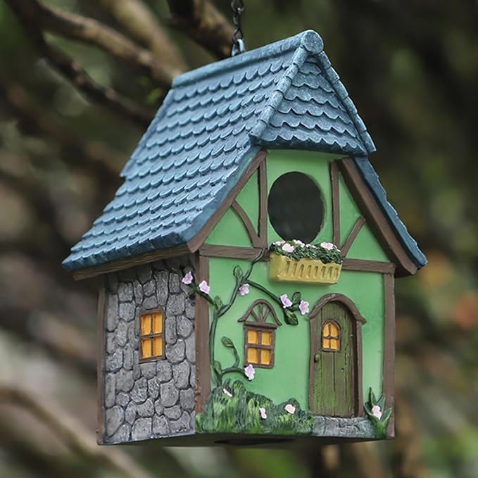 Bird Houses for Outside Cottage Garden Birdhouse –Green Resin Birdhouses for Outdoors with Flower and Stone Details for Bluebird Finches Cardinals Bird Nesting Garden, Patio, Yard