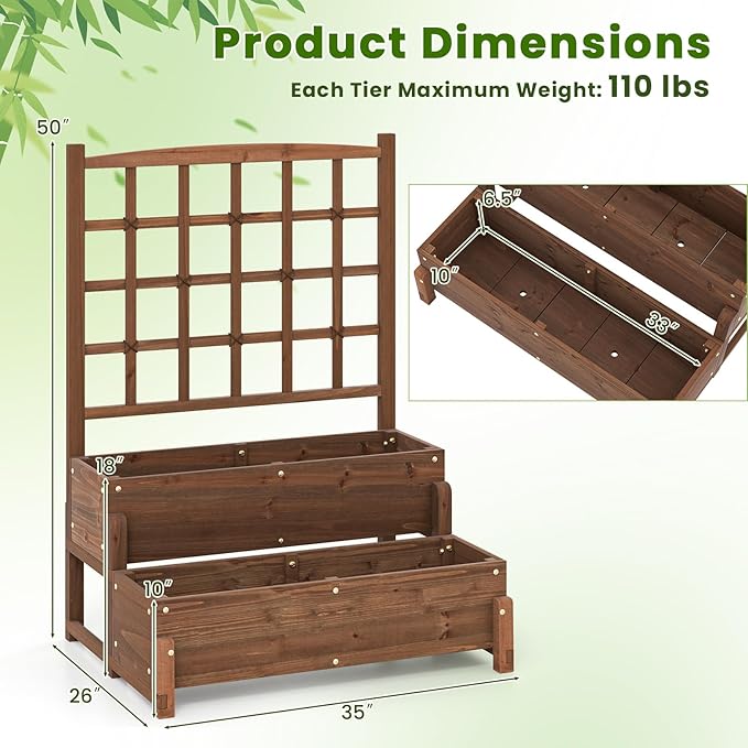 Giantex Raised Garden Bed with Legs and Trellis, 2-Tier Standing Planter Box with Drain Holes, Outdoor Elevated Garden Trellis for Vine Climbing, Flower Vegetable Fruit Herb Growing, Rustic Brown