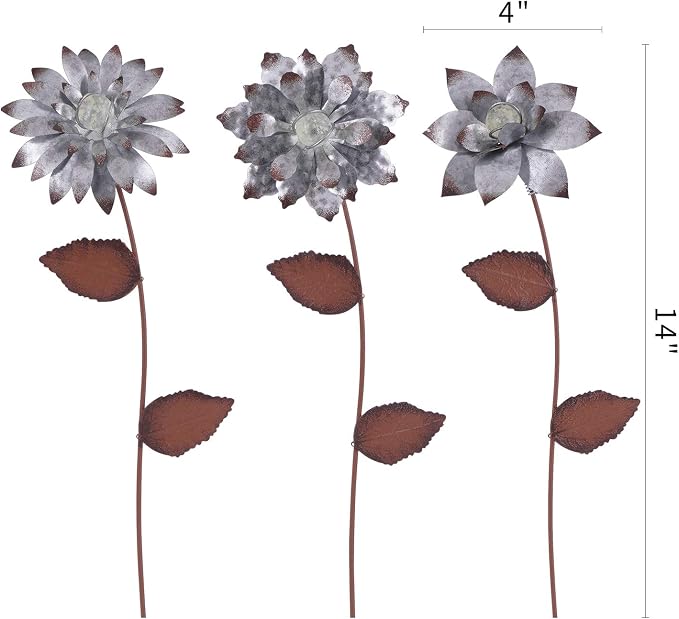 Topadorn 3-Pack Glow-in-the-Dark Metal Flower Garden Stakes, 14" Weatherproof Outdoor Plant Picks, Rustic Yard Art for Lawn & Patio
