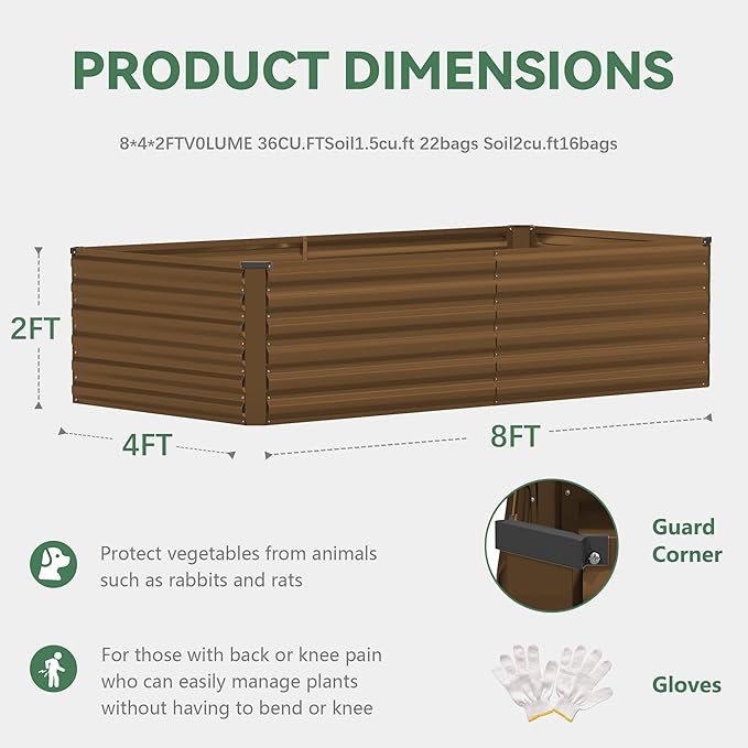 FOOWIN 2pcs 8x4x2ft Galvanized Raised Garden Bed, Planter Raised Garden Boxes Outdoor, Large Metal Raised Beds for Gardening, Garden Bed for Vegetables, Flowers, Herb,478 Gallon Capacity, Brown