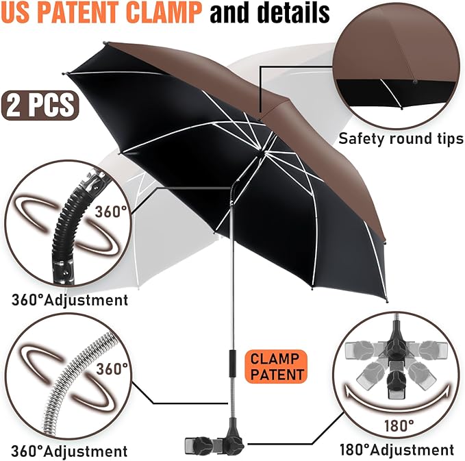 2 PACK Beach Umbrella with Clamp, 360 ° Adjustable Umbrellas for Chair, UPF50+ Umbrella for Beach Chair, Patio Chair, Wheelchair, Camping Chair, Golf Carts (Chair Not Included)