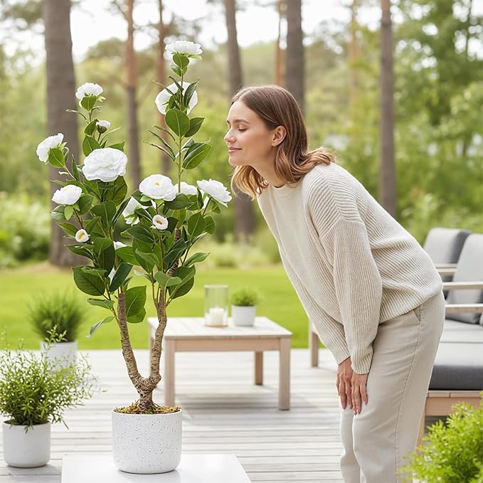 Garvee 3FT Artificial Camellia Tree 2 Pack, Faux Camellia Plant with White Planter and 16 White Flowers, 36" Fake Potted Flower Trees for Home and Office Decor