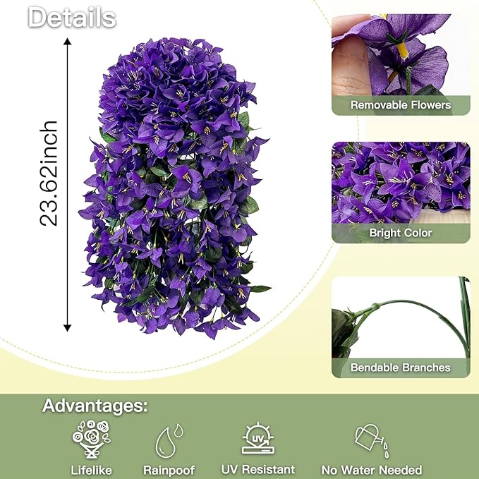 Artificial Flowers for Outdoors Fake Purple Bougainvillea Hanging Flower Decoration, 2Pcs Realistic Faux Silk Plants Long Trailing Vines, Spring Decor for Porch Patio Balcony Planter Yard
