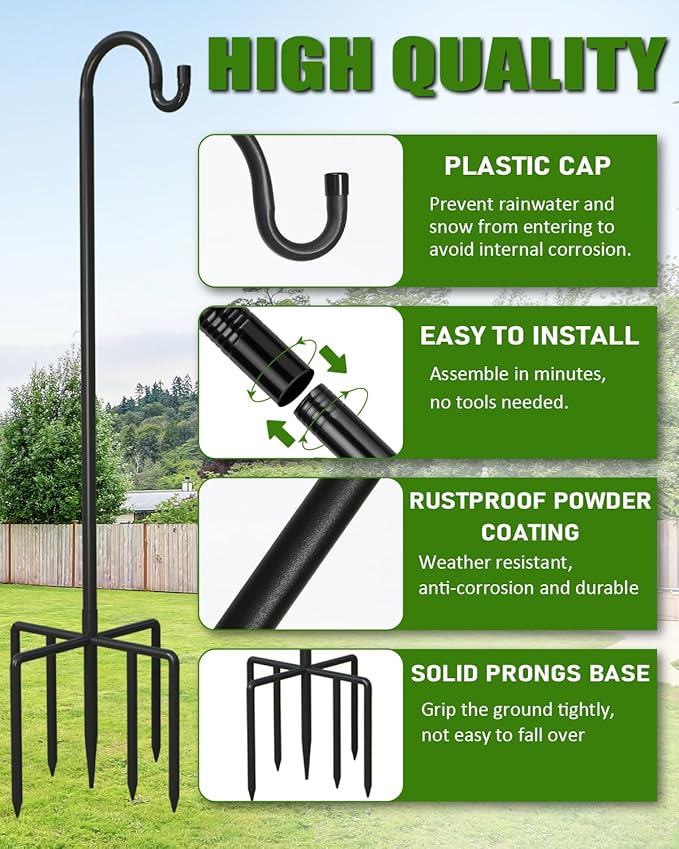 2Pack 76 Inch Adjustable Shepherds Hooks for Outdoor, Heavy Duty Shepherds Hook for Bird Feeder with 7 Prongs Base, Metal Plant Hanger Pole for Hanging Baskets, Lanterns, Hummingbird Feeders